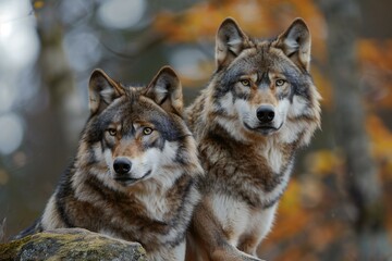 Two grey wolf standing on a rock in the forest in autumn