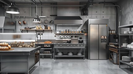 Front view of modern industrial kitchen interior with kitchen utensils equipment and bakery products
