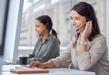 Coworking, call center and telemarketing sale of woman with web help conversation at computer....