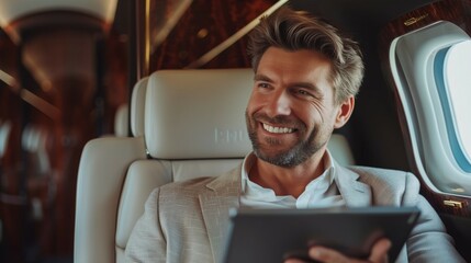 A man is sitting in a private jet with a tablet in his hand. He was smiling and enjoying his time