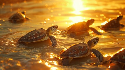 A group of baby turtles swimming in the ocean - Powered by Adobe