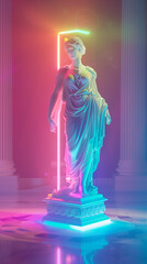 A 3D rendering of a Greek woman statue is showcased in a photographer's studio, illuminated by...