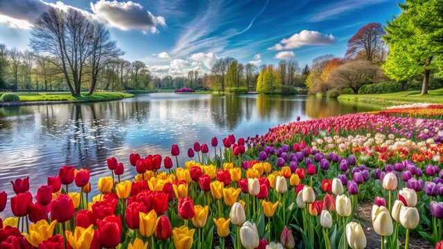 Tulip flower garden on the edge of the lake during the day with colorful tulips