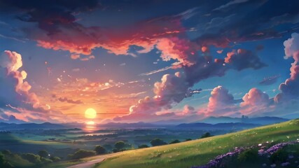 Anime fantasy wallpaper background concept : Dramatic mountain landscape ablaze with orange, red and yellow hues as day transitions from dusk to twilight, generative ai