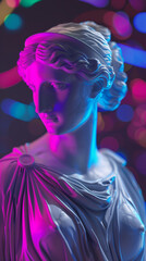 A 3D rendering of a Greek woman statue is showcased in a photographer's studio, illuminated by colorful neon lights against a dark background. This dynamic composition adds a modern twist to classical