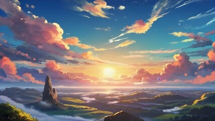 Anime fantasy wallpaper background concept : Dramatic mountain landscape ablaze with orange sunlight at dusk, generative ai - obrazy, fototapety, plakaty
