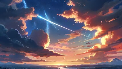Anime fantasy wallpaper background concept : Fiery orange clouds ablaze paint the dramatic evening sky at sunset over the sea, generative ai - obrazy, fototapety, plakaty