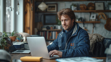 A man in blue work clothes is typing on a laptop at a desk