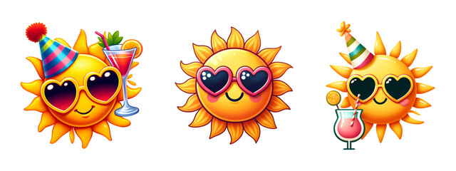 Cute summer sun collection. Summer stickers, summer clipart
