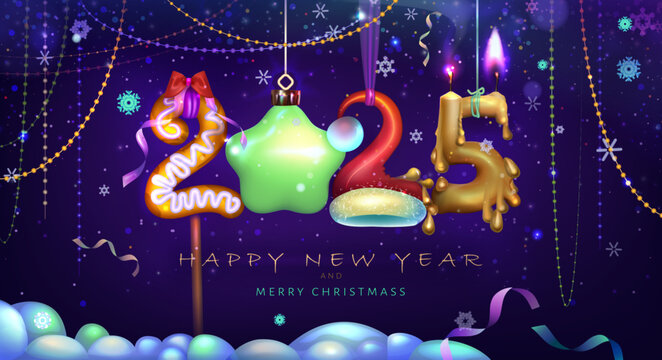 Festive happy New Year  and Merry Christmas 2025. Vector image from numbers in the shape сolorful Decorations.  Glowing candle , cookie,green star,  Christmas Hat. Realistic funny design from numbers 