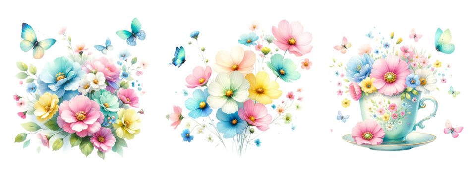 Pastel Watercolor Flowers with Butterflies
