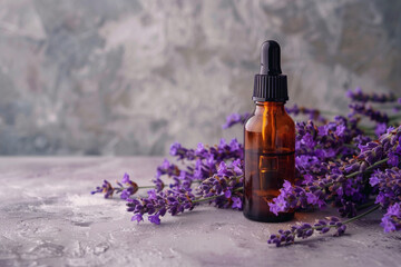 Bottle of essential oil and lavender flowers on light stone table