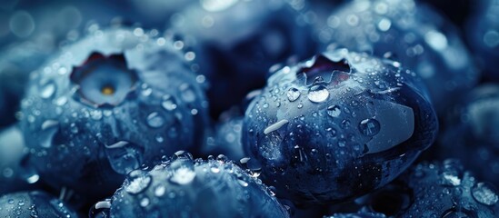 Water droplets on a ripe, sweet blueberry. Fresh blueberries in the background with space for text....