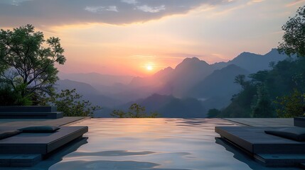 Wellness retreat in mountains, panoramic view, serene dawn, tranquil meditation