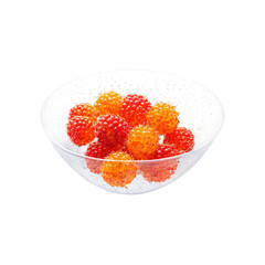 Luscious salmonberries Rubus spectabilis artfully arranged in a clear glass bowl showcasing their vibrant orange