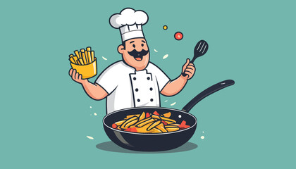 Cooking Concept: Doodle Art of a Chef Frying Food and Stirring