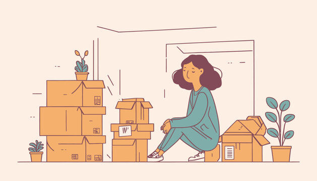 Modern Flat Style Vector Illustration: Tired Girl Moving House Doodle Art
