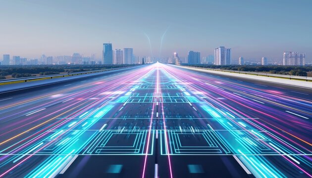 Tall skyscrapers at the end of a holographic highway, a futuristic cityscape blending reality with holographic wonders. 🏙️🛣️💫 Explore the future skyline! #HologramCityscape