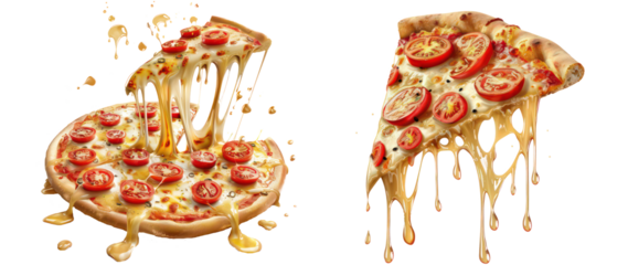 Set of delicious tasty a slice of pizza with lots of melted cheese and tomatoes, various kinds of toppings, dripping on the bottom. isolated on transparent background.