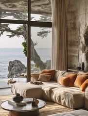 Fototapeta na wymiar Luxurious Coastal Living Room with Ocean View