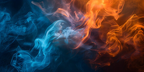 Capturing the mesmerizing dance of color full smoke on black background , with a striking interplay of blue and orange hues for Digital Art background and wallpaper, Fire, Flames, Studio shot   - obrazy, fototapety, plakaty