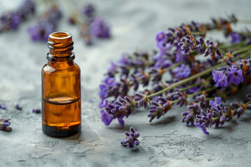 Bottle of essential oil and lavender flowers on light stone table