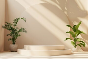 Podium in abstract cream color composition for product presentation. 3D rendering