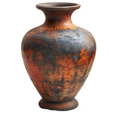 Front view of earthen vintage-inspired vase isolated on a white transparent background