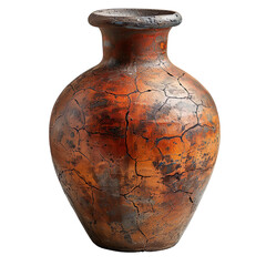 Front view of earthen ancient-inspired vase isolated on a white transparent background
