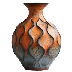 Front view of earthen art-deco inspired vase isolated on a white transparent background