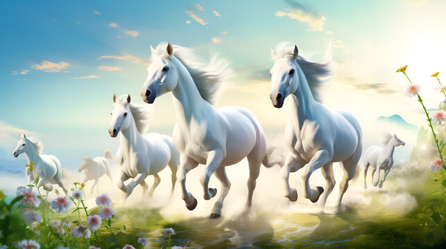 All white horses running in the meadow Freedom Graceful Landscape on a blue sky background
