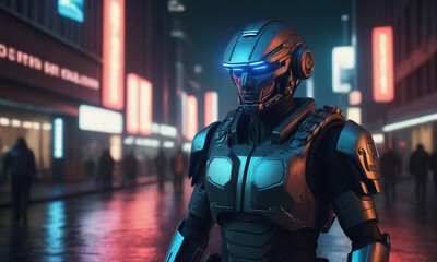 RoboCop is on duty to protect public order on the streets of the evening city. - obrazy, fototapety, plakaty