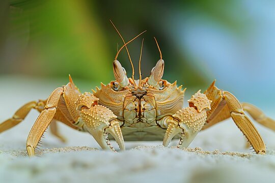 Close-up of a crab on a sandy beach with green background