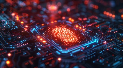 A computer chip with a red fingerprint on it - obrazy, fototapety, plakaty