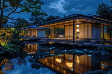 Fototapeta premium Floating tea houses over Kyoto, serene night, bioluminescent gardens, tranquil yet modern harmony