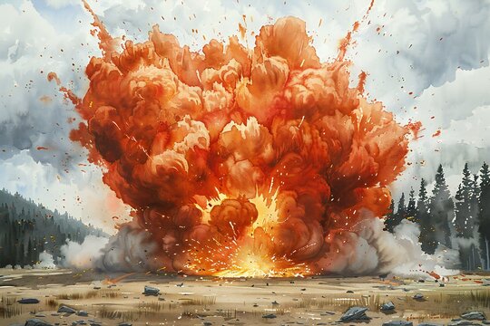 Explosion in the woods,  Fire and smoke,   illustration