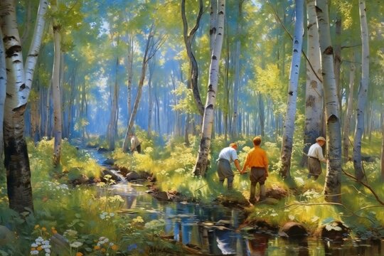 Original oil painting on canvas of two men fishing in the forest