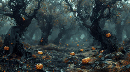 spooky Halloween forest with scary black trees and pumpkins, generative Ai