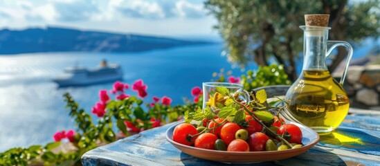 The idea of Greek cuisine in summer is portrayed through a Greek salad featuring olive oil and...