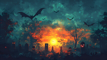 Fototapeta na wymiar Spooky Halloween in the haunted forest graveyard, generative Ai