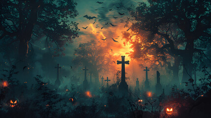 Spooky Halloween in the haunted forest graveyard, generative Ai