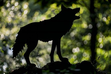 Silhouette of a wolf in the forest with bokeh