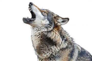 Howling wolf isolated on a white background, closeup of photo