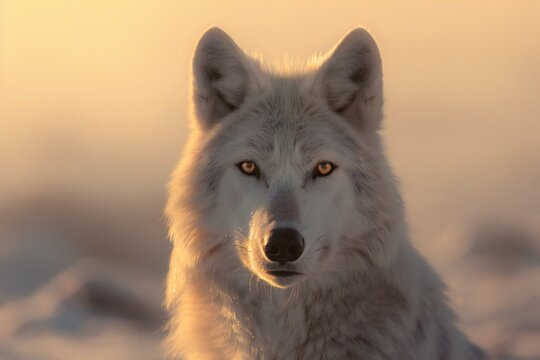 Portrait of a white wolf in the winter sunset,  Animal portrait