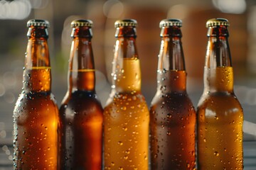 Bottles of beer with drops on blurred background, closeup view - obrazy, fototapety, plakaty
