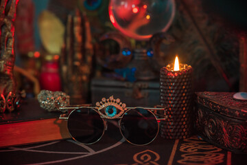 Astrology and esoteric stuff on a table. Cleaning negative energy away from you. Witchcraft illustration