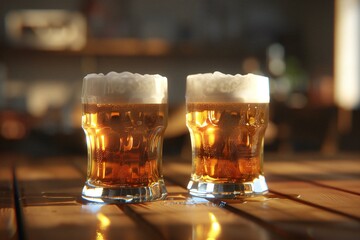 Two glasses of beer on a wooden table in a pub,  Close-up - obrazy, fototapety, plakaty
