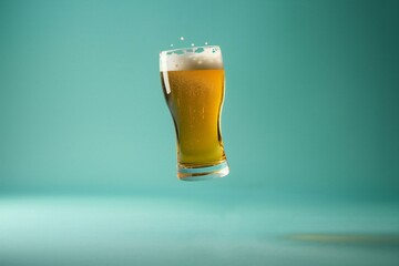 Glass of beer on a blue background with copy space, studio shot