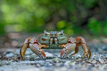 Close-up of a blue crab on the ground in the forest