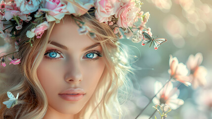 Spring fairy princess in crown, generative Ai